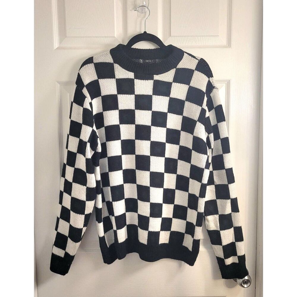 Forever 21 L Men's Black White Checkerboard Sweater Retro Grunge Y2K